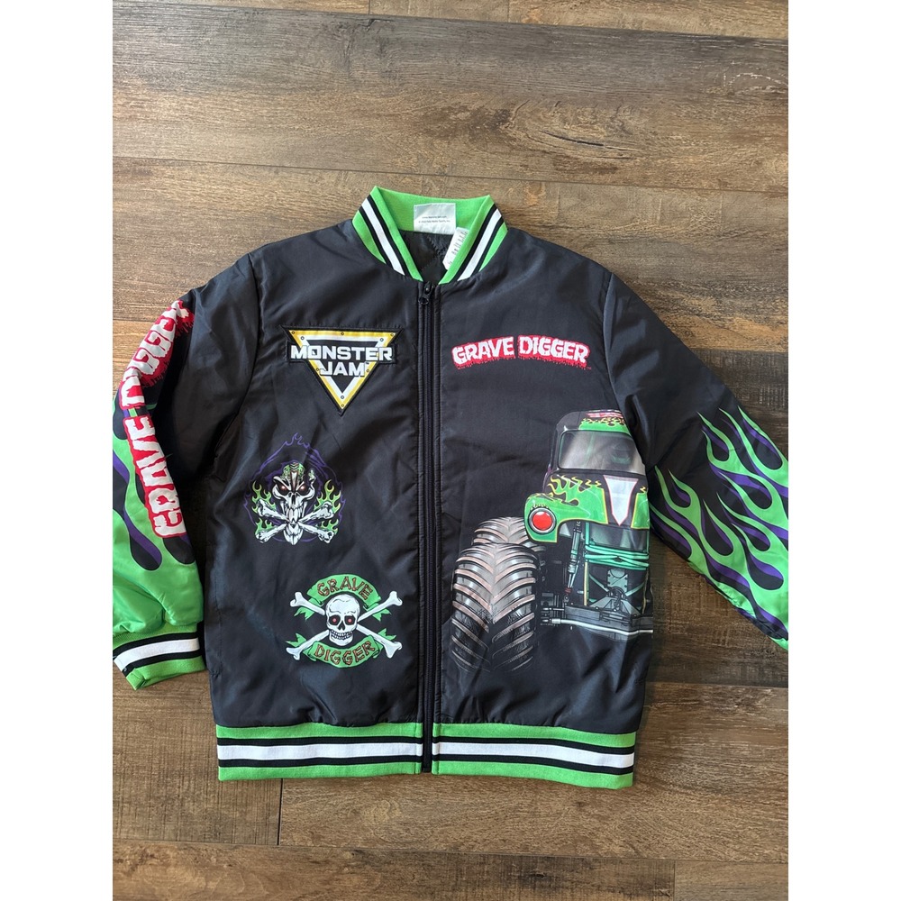 Monster Jam Grave Digger Kids Bomber Jacket Black Green Flames Size 10/12